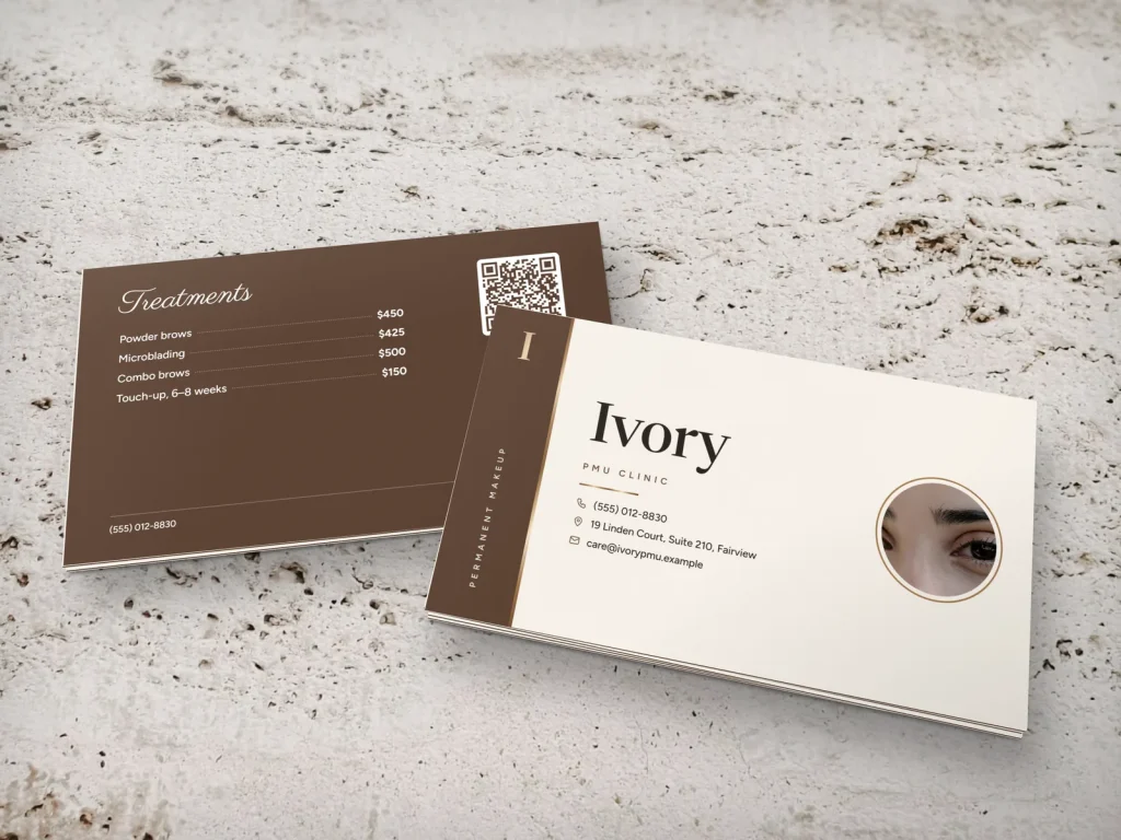 Triple-layer business card template BL-02 for a lash and brow studio: Ivory, ivory with a cocoa band and a round brow photo
