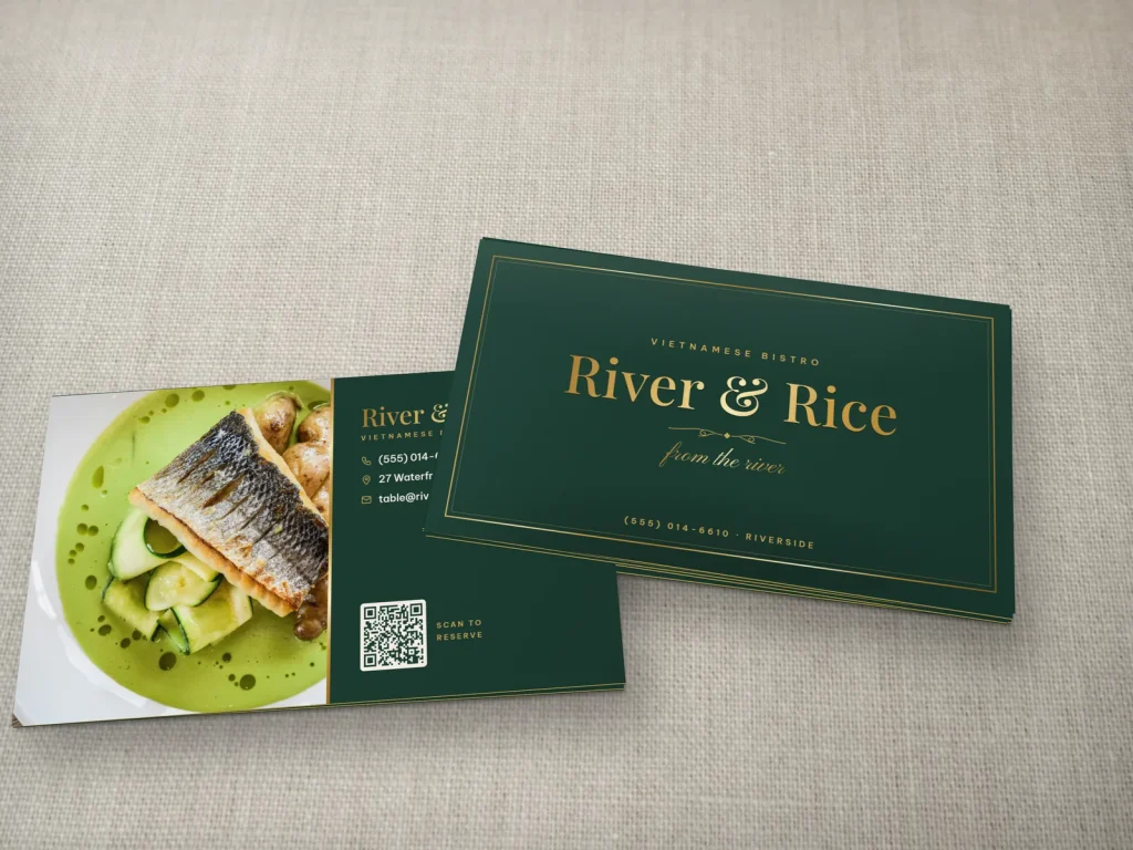 Triple-layer business card template BL-04 for a restaurant: River & Rice, deep forest green with a gold foil name in a frame