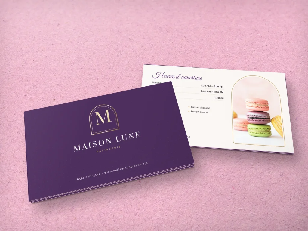 Triple-layer business card template BL-05 for a bakery or café: Maison Lune, plum with a foil M in an arch on fine dots