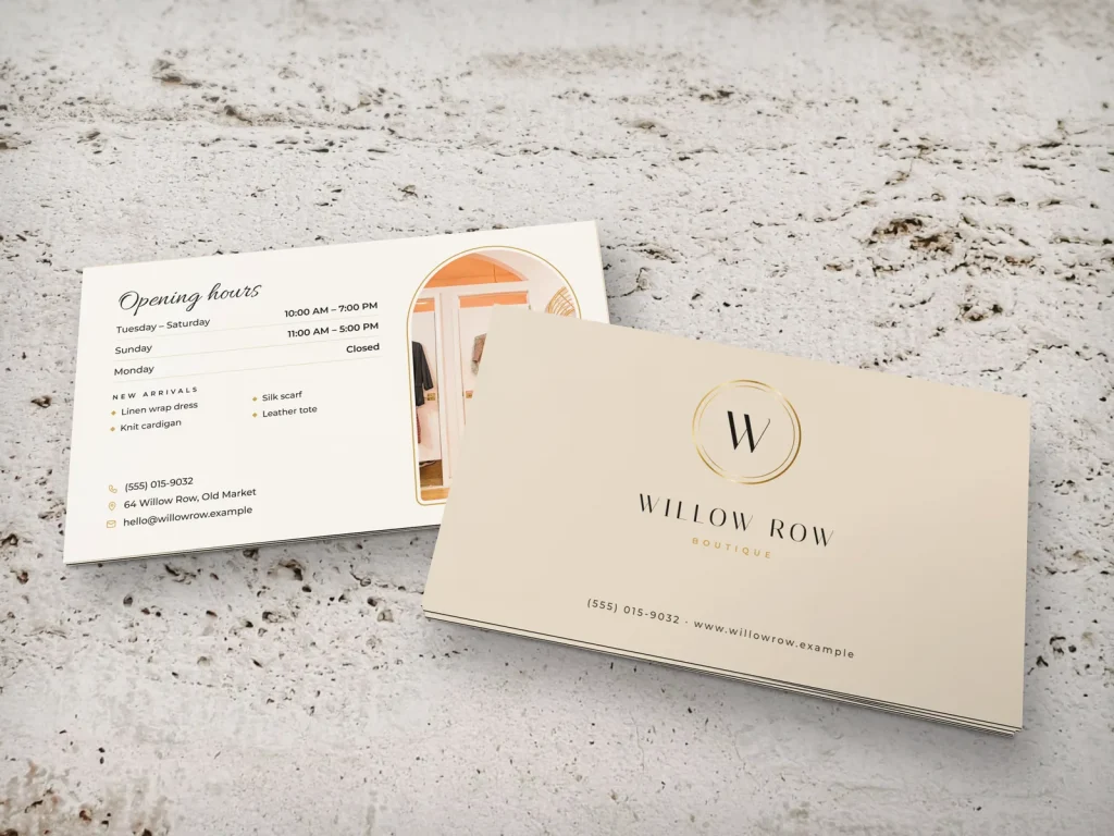 Triple-layer business card template BL-06 for a shop: Willow Row, sand with a W in a gold ring and fine type