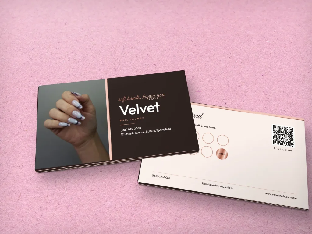 Triple-layer business card template BL-07 for a nail salon: Velvet, cocoa with a marbled nails photo and rose gold type