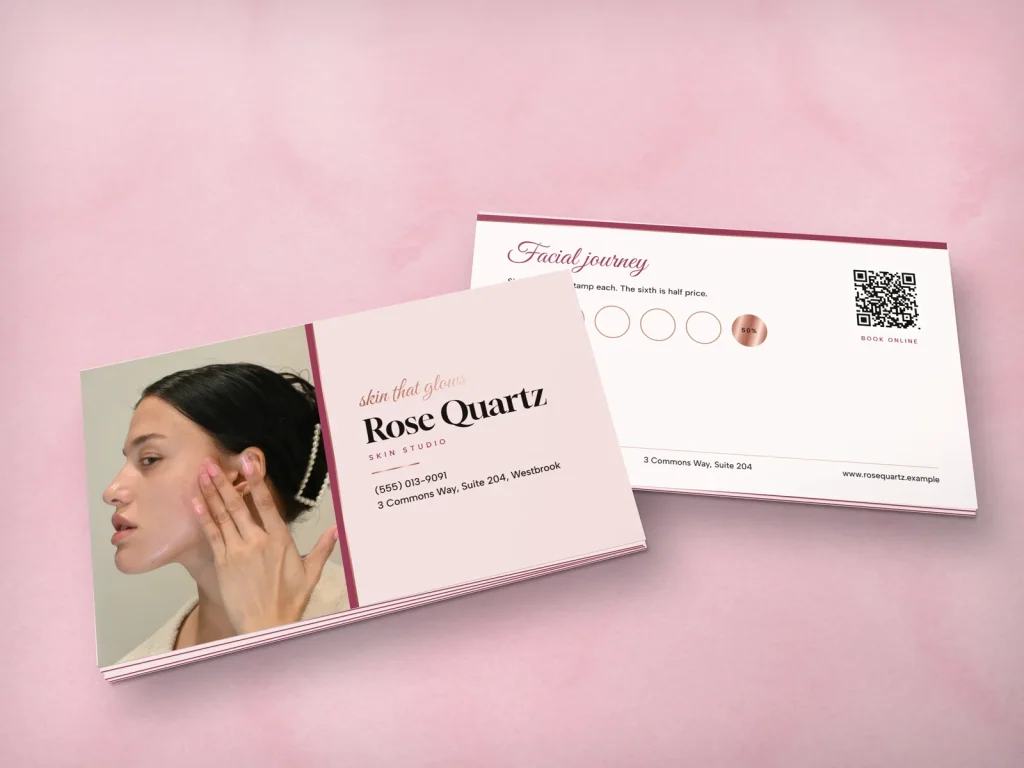 Triple-layer business card template BL-09 for a spa: Rose Quartz, rose quartz with a glowing skin photo