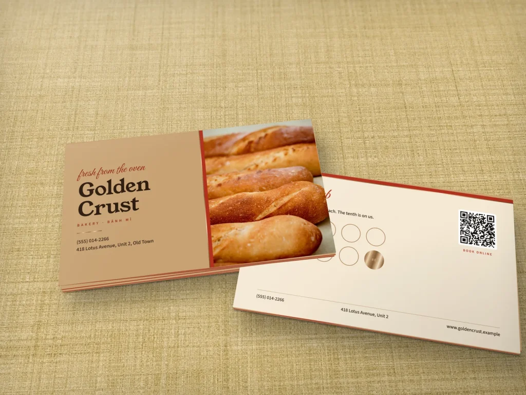Triple-layer business card template BL-11 for a bakery or café: Golden Crust, kraft stock with a fresh baguette photo