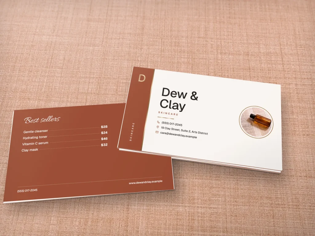 Triple-layer business card template BL-12 for a shop: Dew & Clay, cream with a clay band and a serum bottle photo