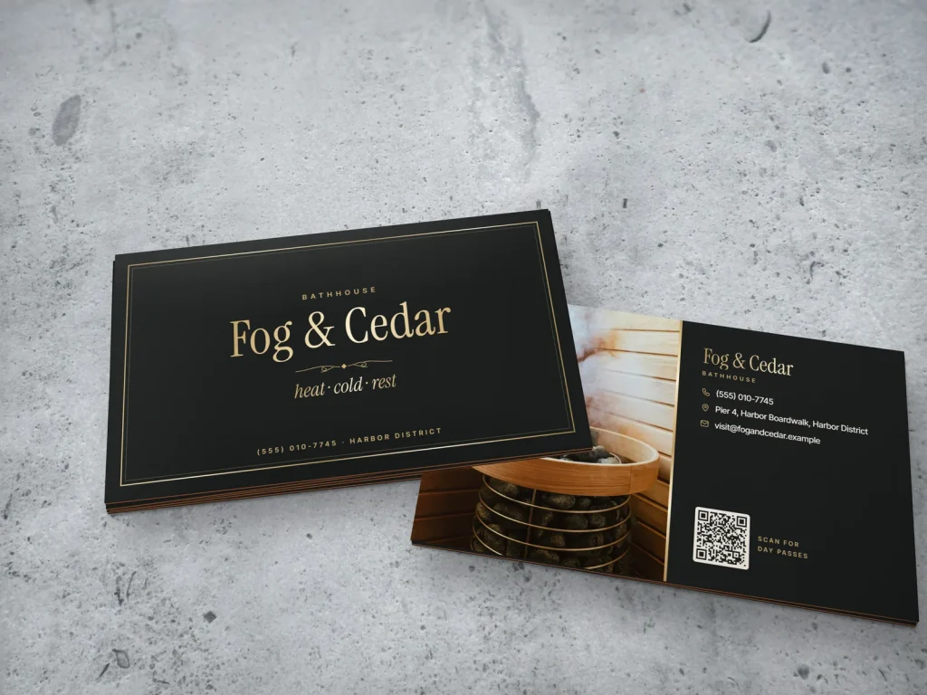 Triple-layer business card template BL-15 for a spa: Fog & Cedar, charcoal with a pale gold foil serif name
