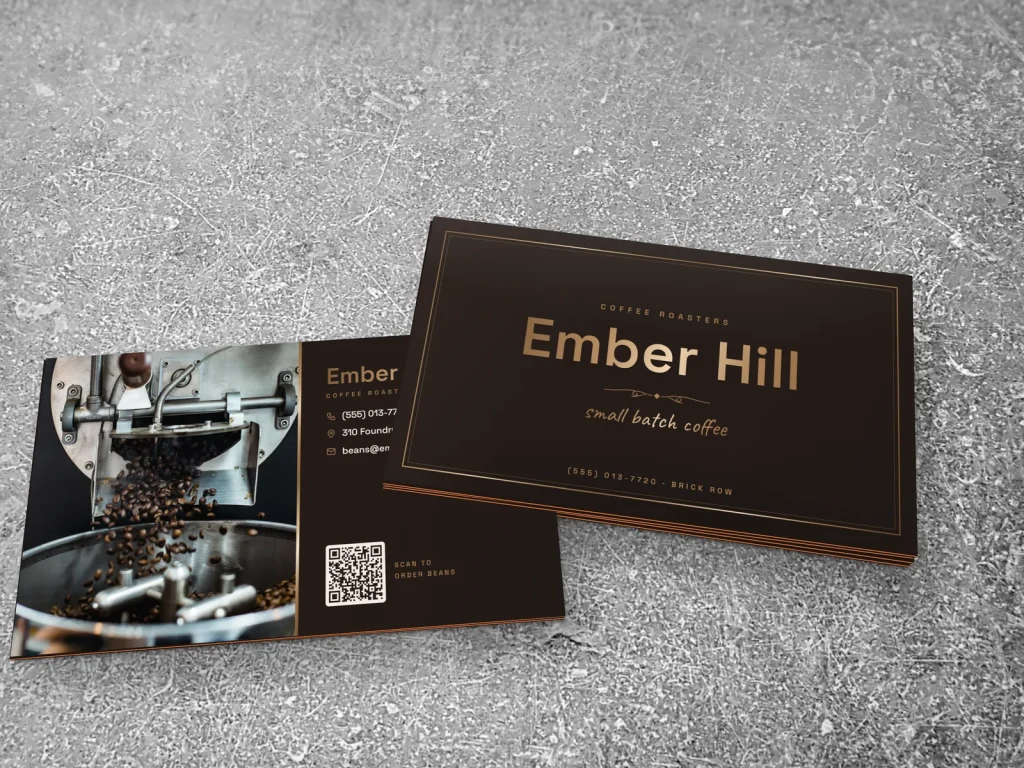 Triple-layer business card template BL-16 for a bakery or café: Ember Hill, espresso brown with a copper foil name and handwriting