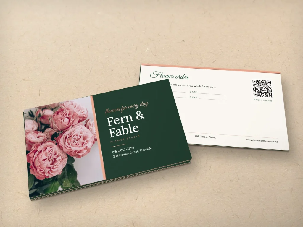 Triple-layer business card template BL-17 for a shop: Fern & Fable, forest green, garden roses photo, rose foil type