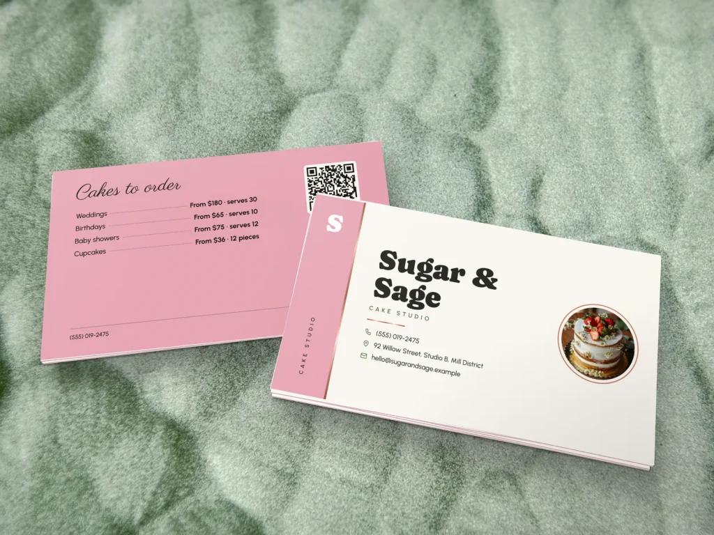 Triple-layer business card template BL-18 for a bakery or café: Sugar & Sage, cream with a pink band and a daisy cake photo