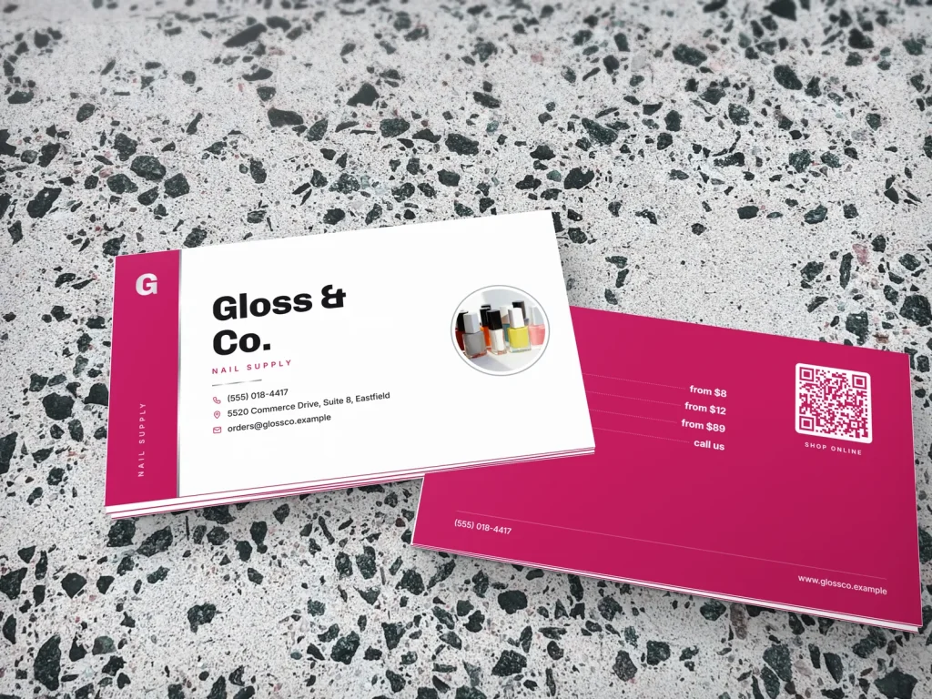 Triple-layer business card template BL-19 for a shop: Gloss & Co., white with a magenta band and a polish bottles photo