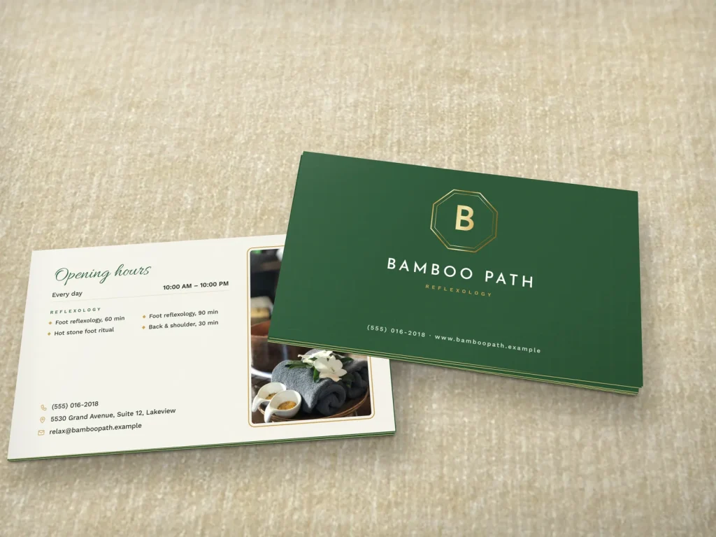 Triple-layer business card template BL-20 for a spa: Bamboo Path, bamboo green with a foil B in an octagon