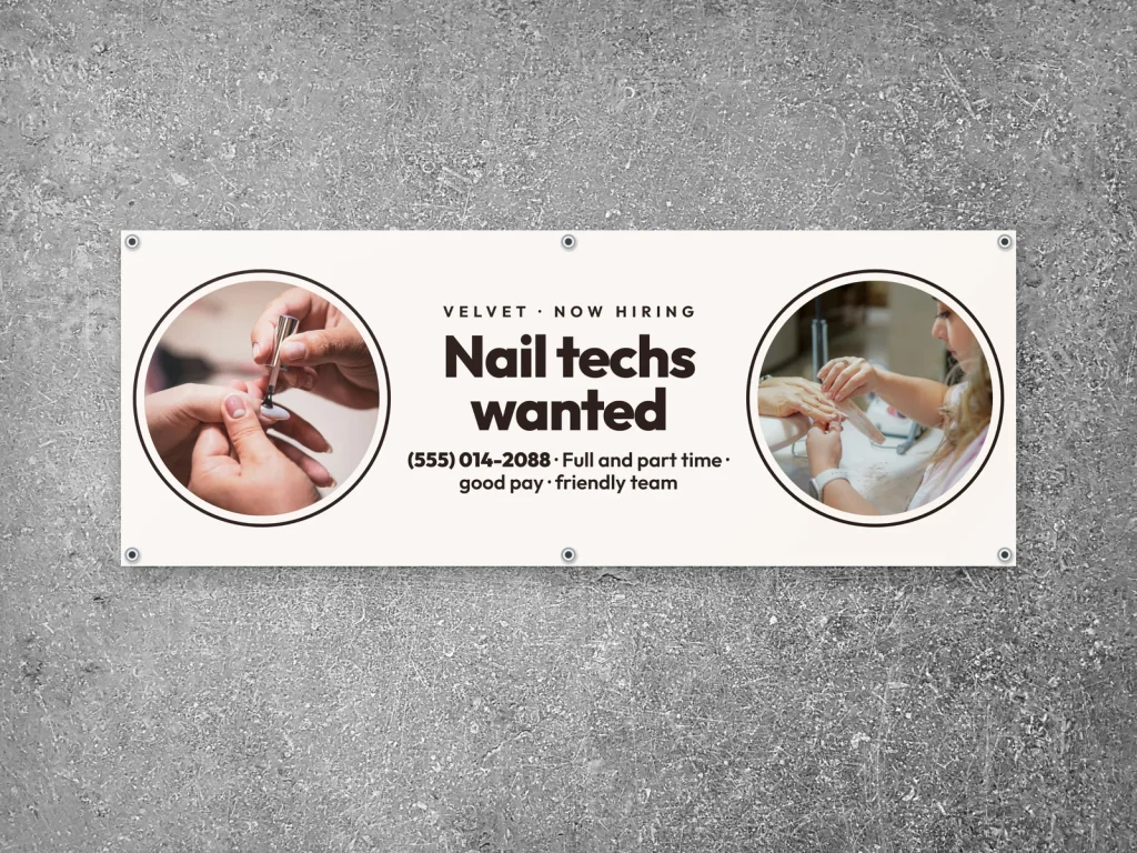 Vinyl banner template BN-03 for a nail salon: Velvet, now hiring nail techs, two round photos
