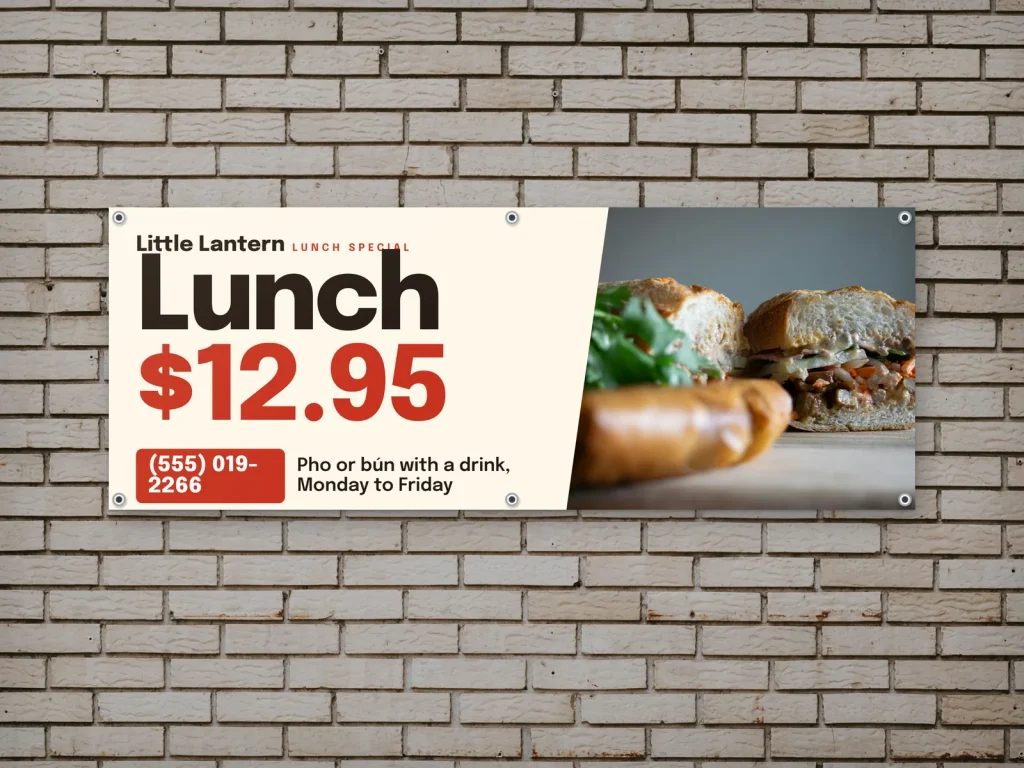 Vinyl banner template BN-04 for a restaurant: Little Lantern, big lunch price type with a banh mi photo