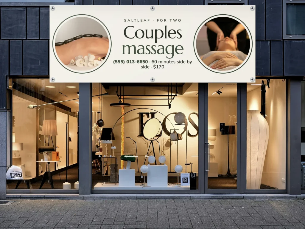Vinyl banner template BN-05 for a spa: Saltleaf, couples massage with hot stones and head massage photos