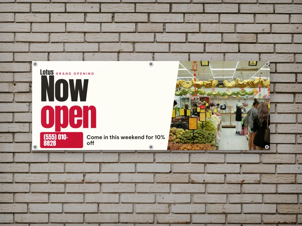 Vinyl banner template BN-07 for a shop: Lotus, market grand opening in big Anton type