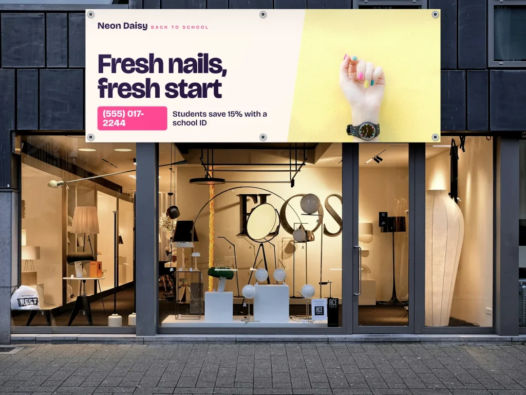 Vinyl banner template BN-08 for a nail salon: Neon Daisy, back-to-school offer in neon pink