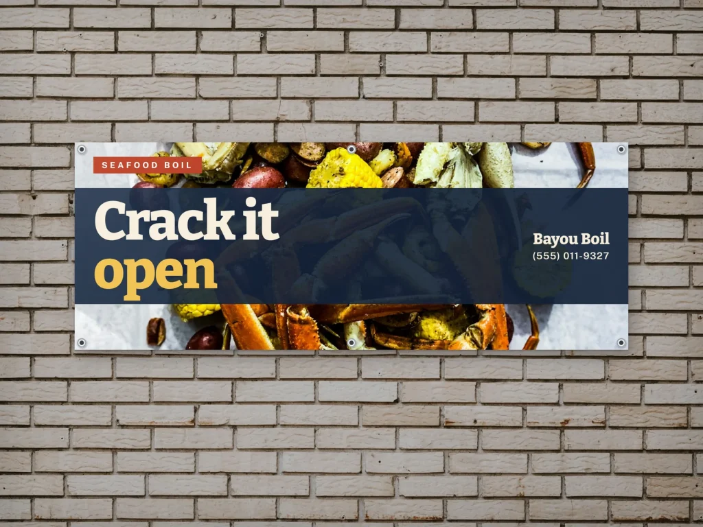 Vinyl banner template BN-09 for a restaurant: Bayou Boil, full seafood spread photo