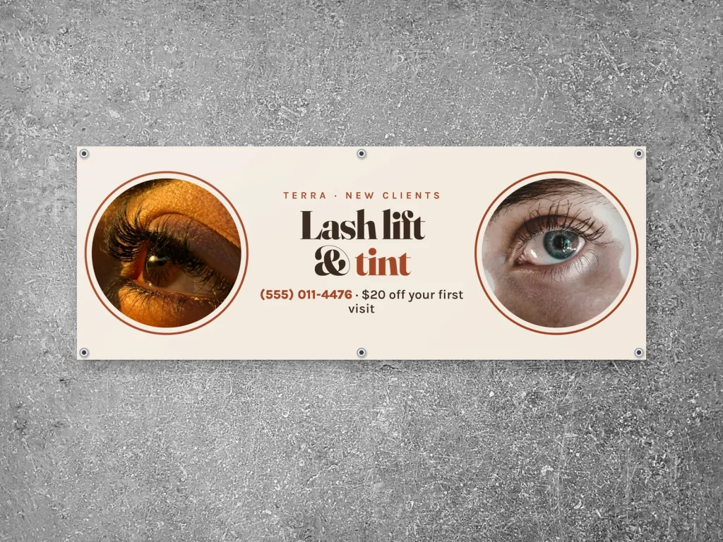 Vinyl banner template BN-10 for a lash and brow studio: Terra, new client lash lift with two round lash photos