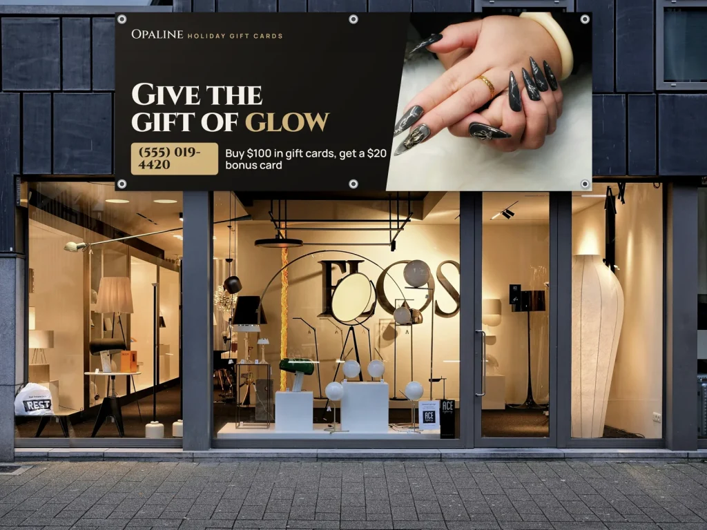 Vinyl banner template BN-11 for a nail salon: Opaline, black with white type and black and gold nails