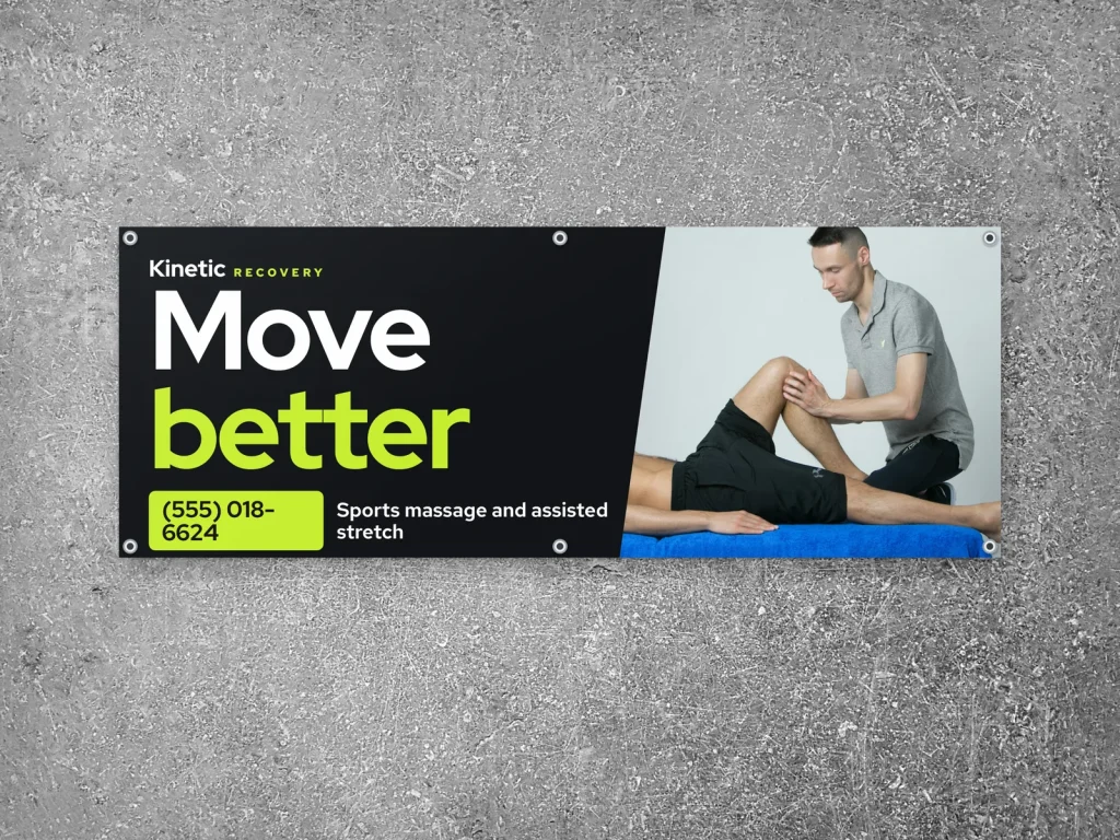Vinyl banner template BN-13 for a spa: Kinetic, black with white type and a lime phone tag