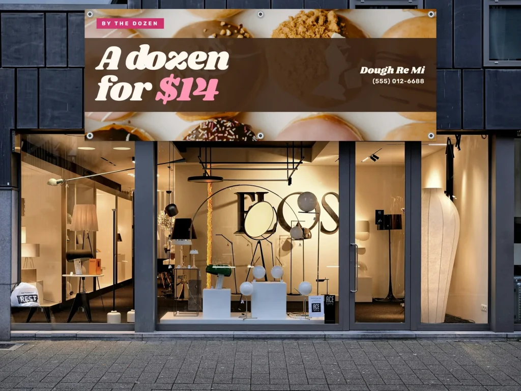 Vinyl banner template BN-14 for a bakery or café: Dough Re Mi, donuts from above with a band of type