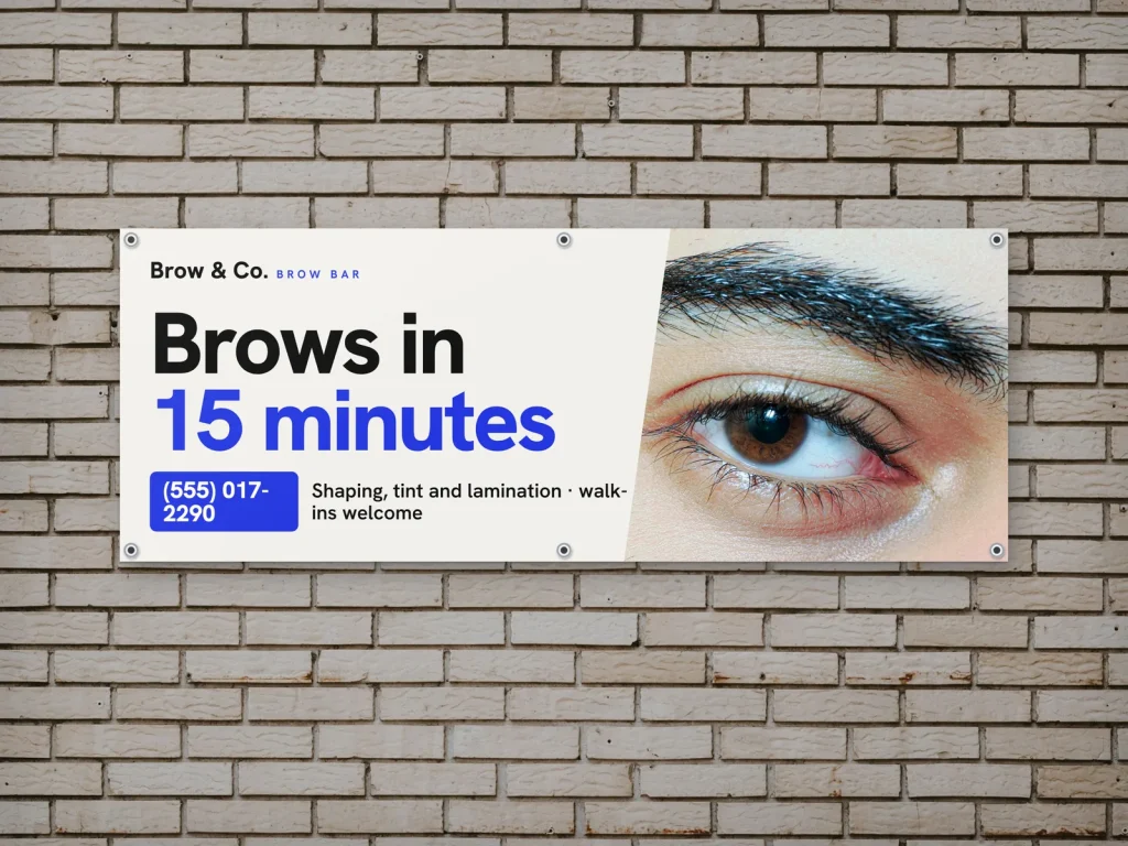 Vinyl banner template BN-15 for a lash and brow studio: Brow & Co., big white type on electric blue