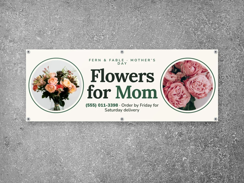 Vinyl banner template BN-16 for a shop: Fern & Fable, mother’s Day flowers with two round photos