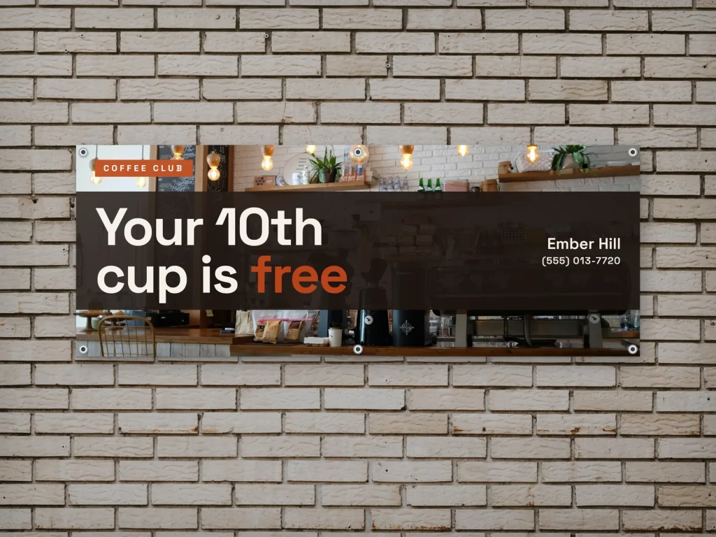 Vinyl banner template BN-17 for a bakery or café: Ember Hill, coffee bar photo with a band of type