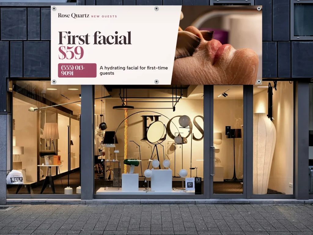 Vinyl banner template BN-18 for a spa: Rose Quartz, first facial with a mask photo
