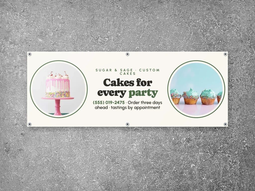 Vinyl banner template BN-19 for a bakery or café: Sugar & Sage, party cakes with two round cake photos