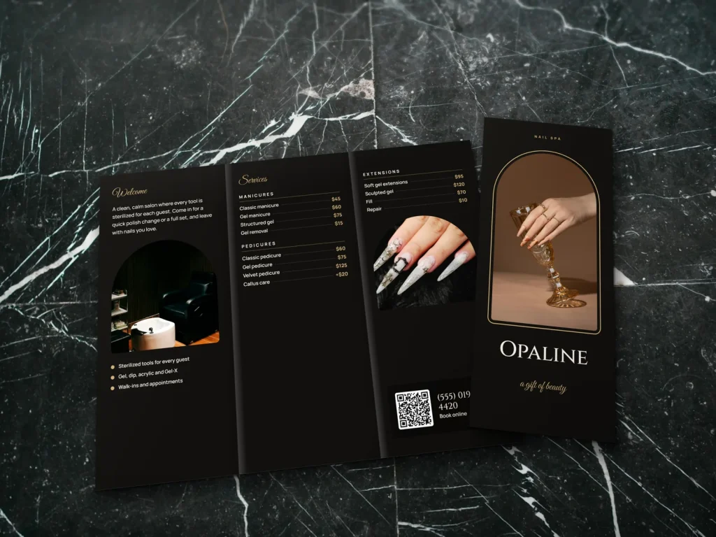 Premium brochure template BR-01 for a nail salon: Opaline, champagne nails photo in an arch on black and gold