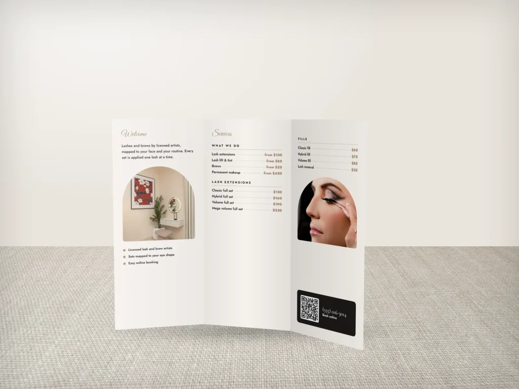 Premium brochure template BR-02 for a lash and brow studio: Linnea, full lash photo cover, price list inside