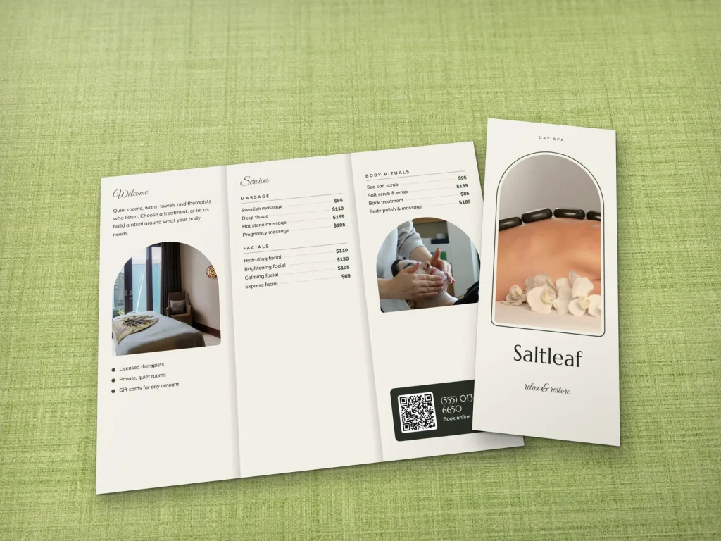 Premium brochure template BR-03 for a spa: Saltleaf, hot stones in an arch on sage