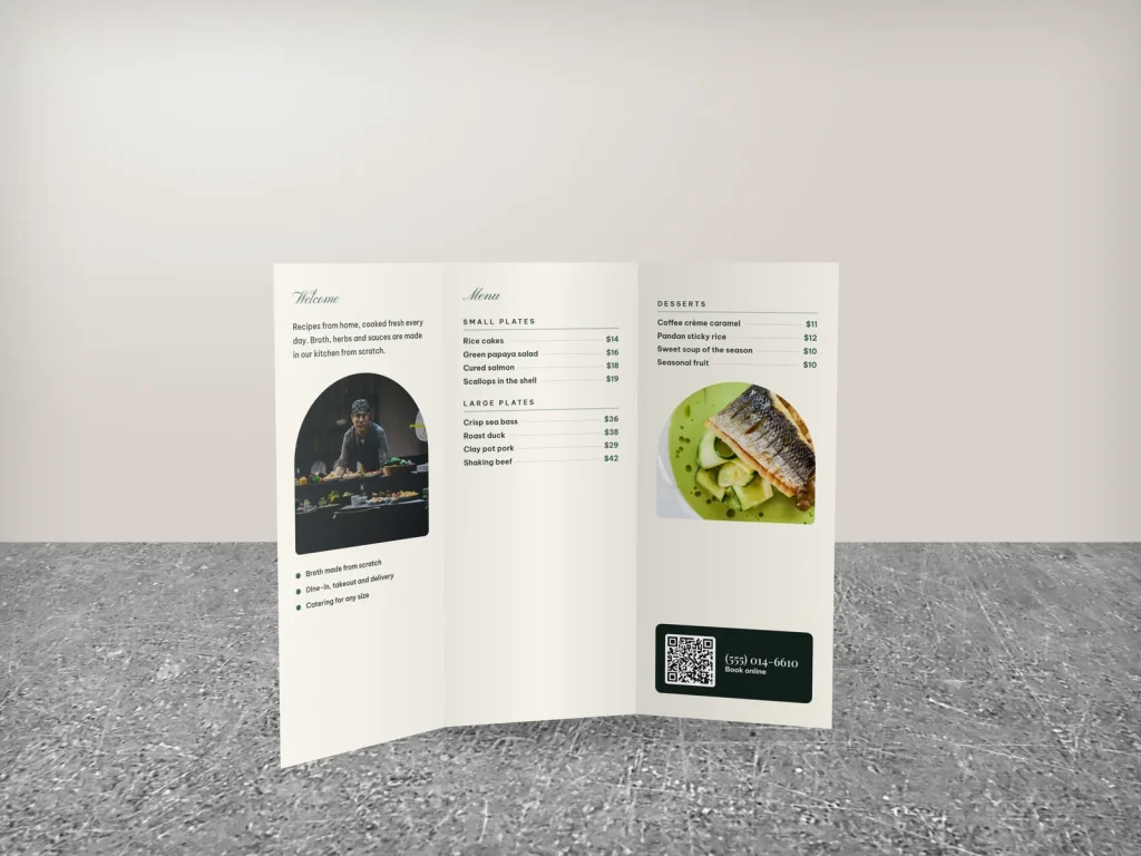 Premium brochure template BR-04 for a restaurant: River & Rice, candlelit dining room cover, menu inside