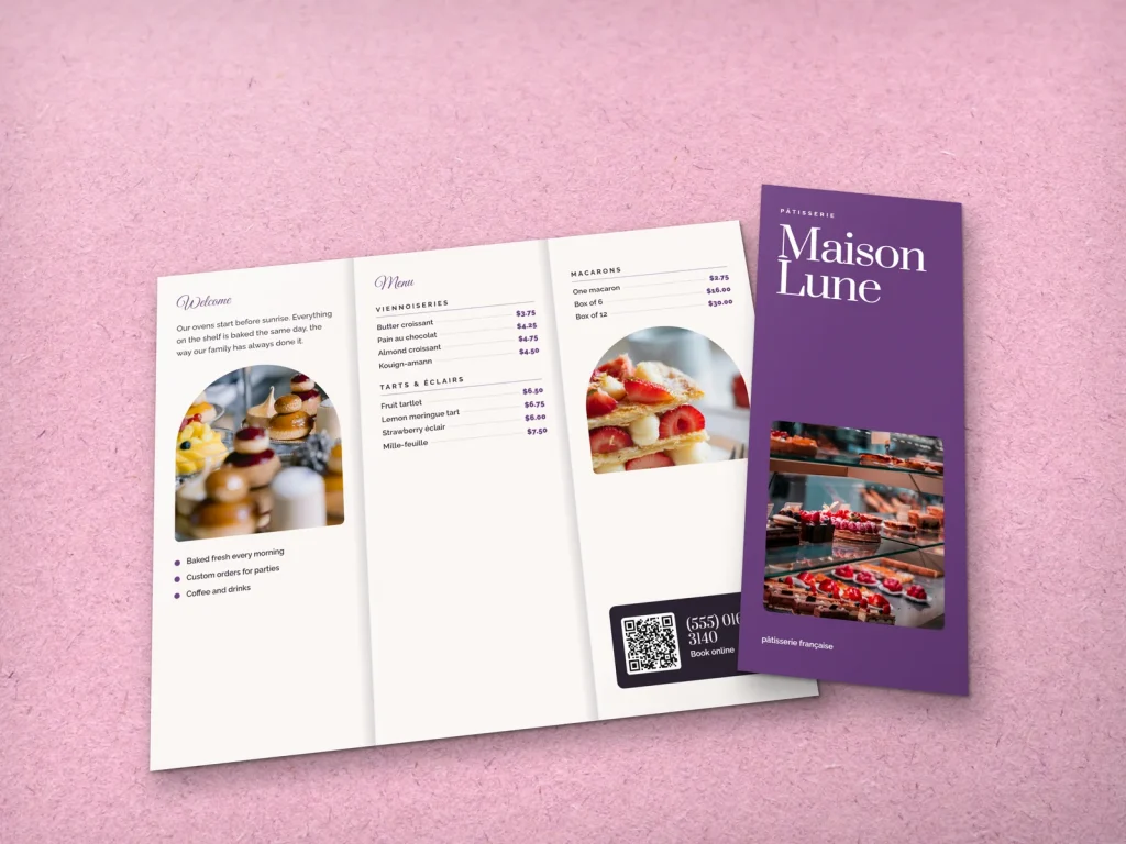 Premium brochure template BR-05 for a bakery or café: Maison Lune, big plum type cover with a pastry case photo