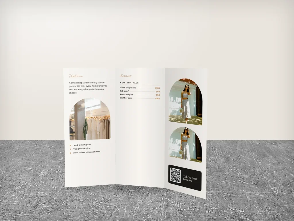 Premium brochure template BR-06 for a shop: Willow Row, cream dress mid-turn cover