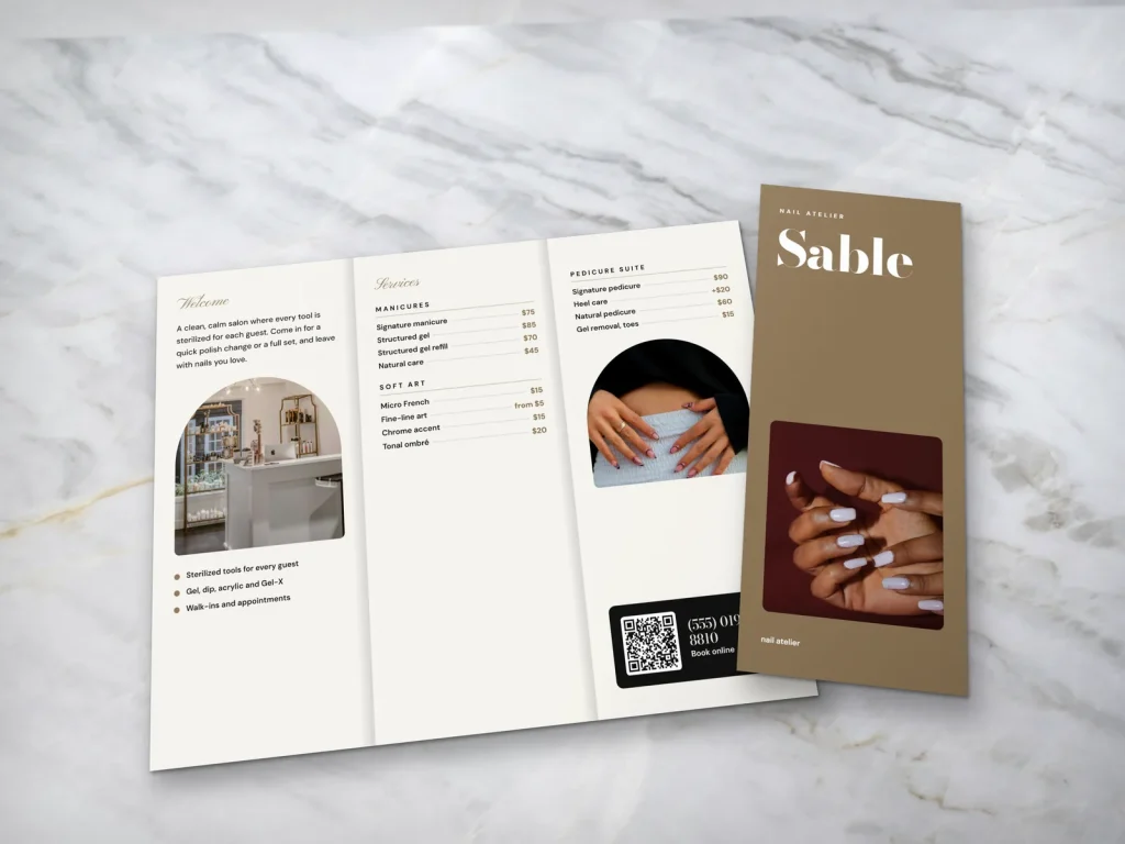 Premium brochure template BR-07 for a nail salon: Sable, big black serif cover with a white nails photo