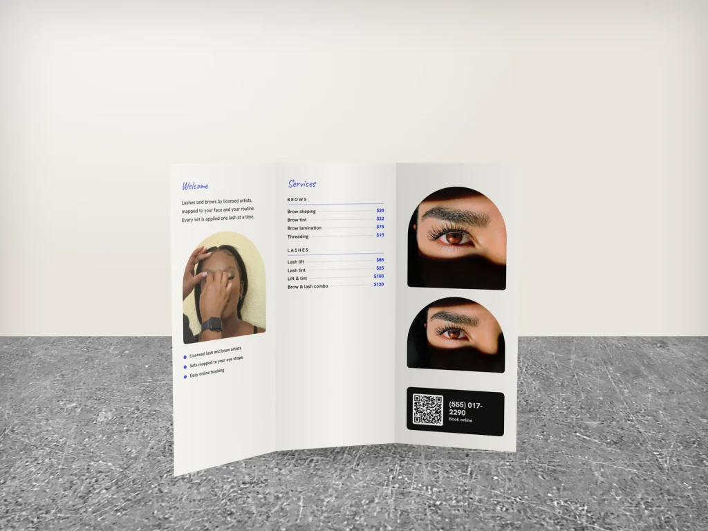 Premium brochure template BR-08 for a lash and brow studio: Brow & Co., electric blue big type cover with a brow photo