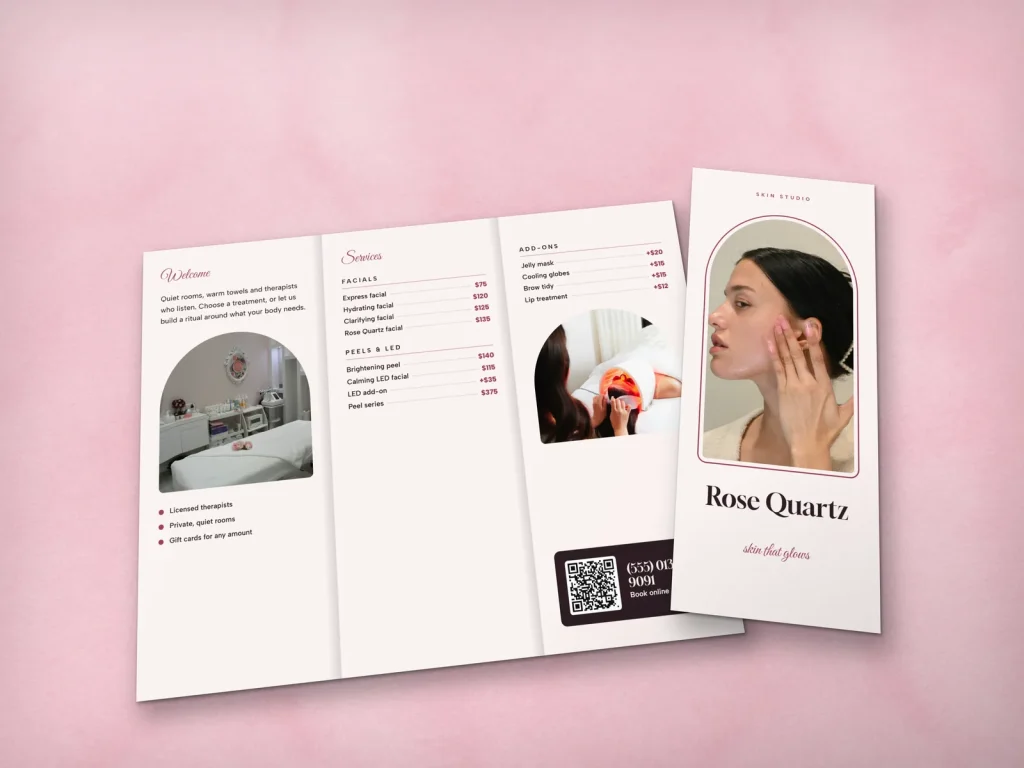 Premium brochure template BR-09 for a spa: Rose Quartz, glowing skin in an arch