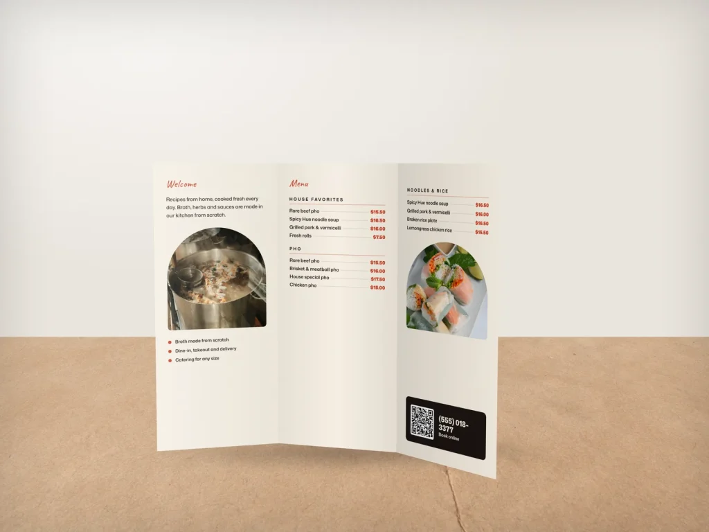 Premium brochure template BR-10 for a restaurant: Copper Bowl, pho on a dark table cover, three menu sections inside