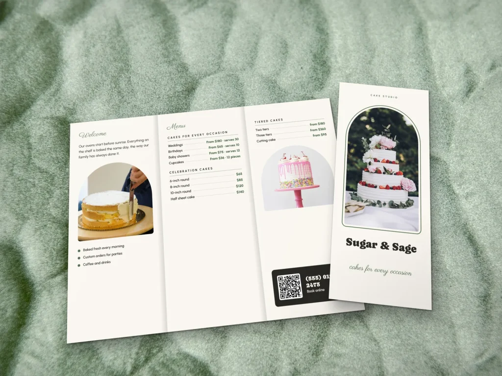 Premium brochure template BR-11 for a bakery or café: Sugar & Sage, three-tier wedding cake in an arch