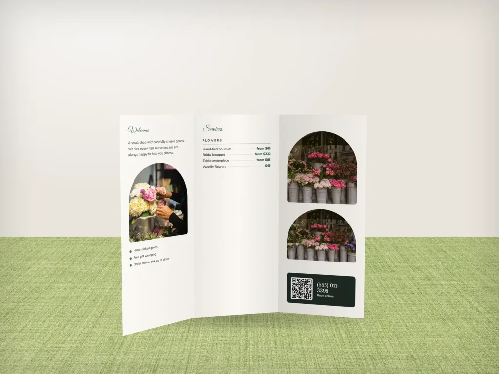 Premium brochure template BR-12 for a shop: Fern & Fable, orange roses and snapdragons cover
