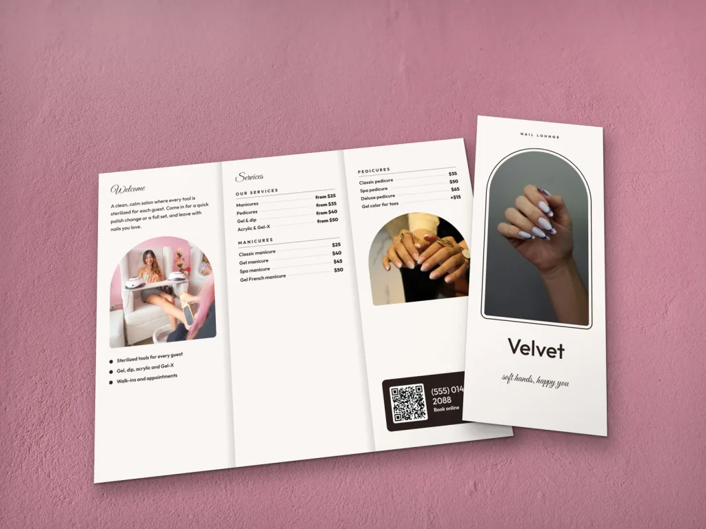 Premium brochure template BR-13 for a nail salon: Velvet, marbled nails in an arch on blush