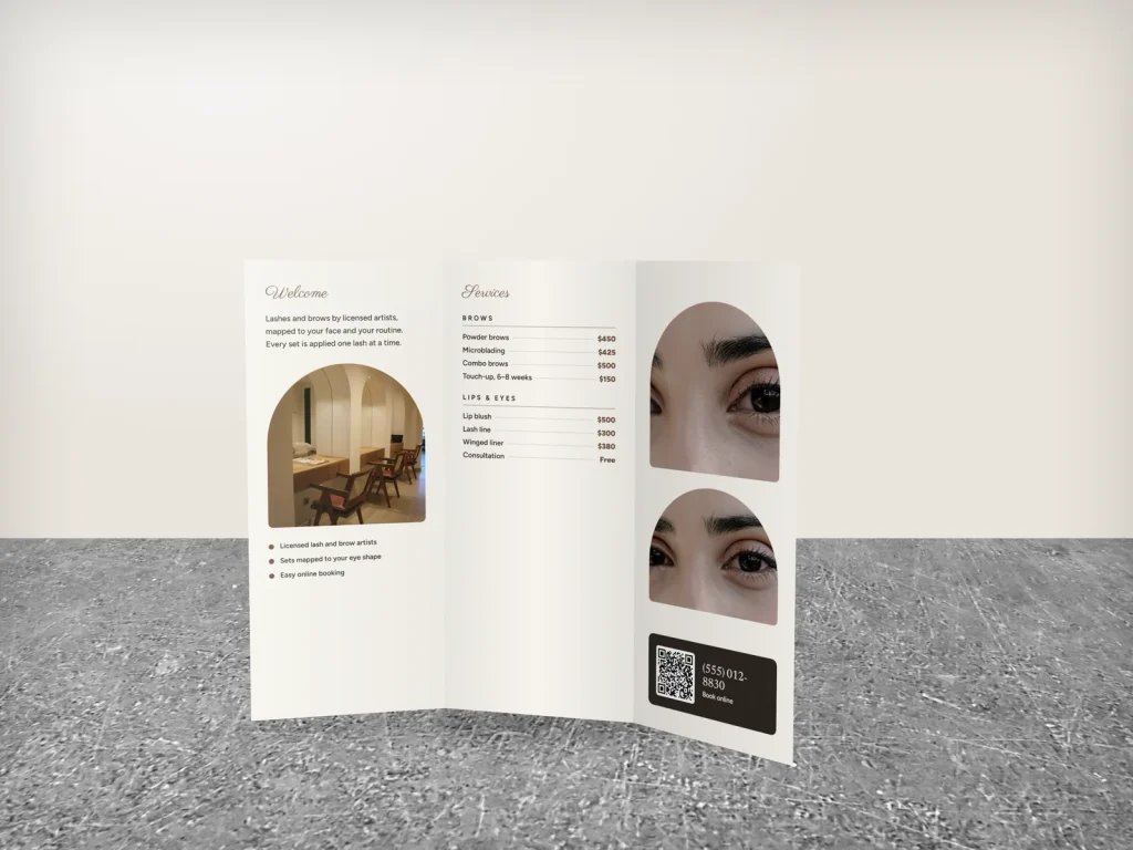 Premium brochure template BR-14 for a lash and brow studio: Ivory, soft winged liner photo cover