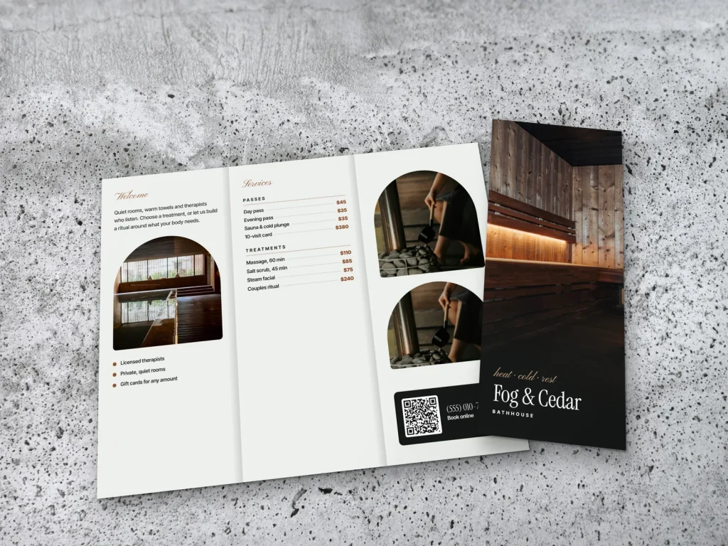 Premium brochure template BR-15 for a spa: Fog & Cedar, cedar sauna cover