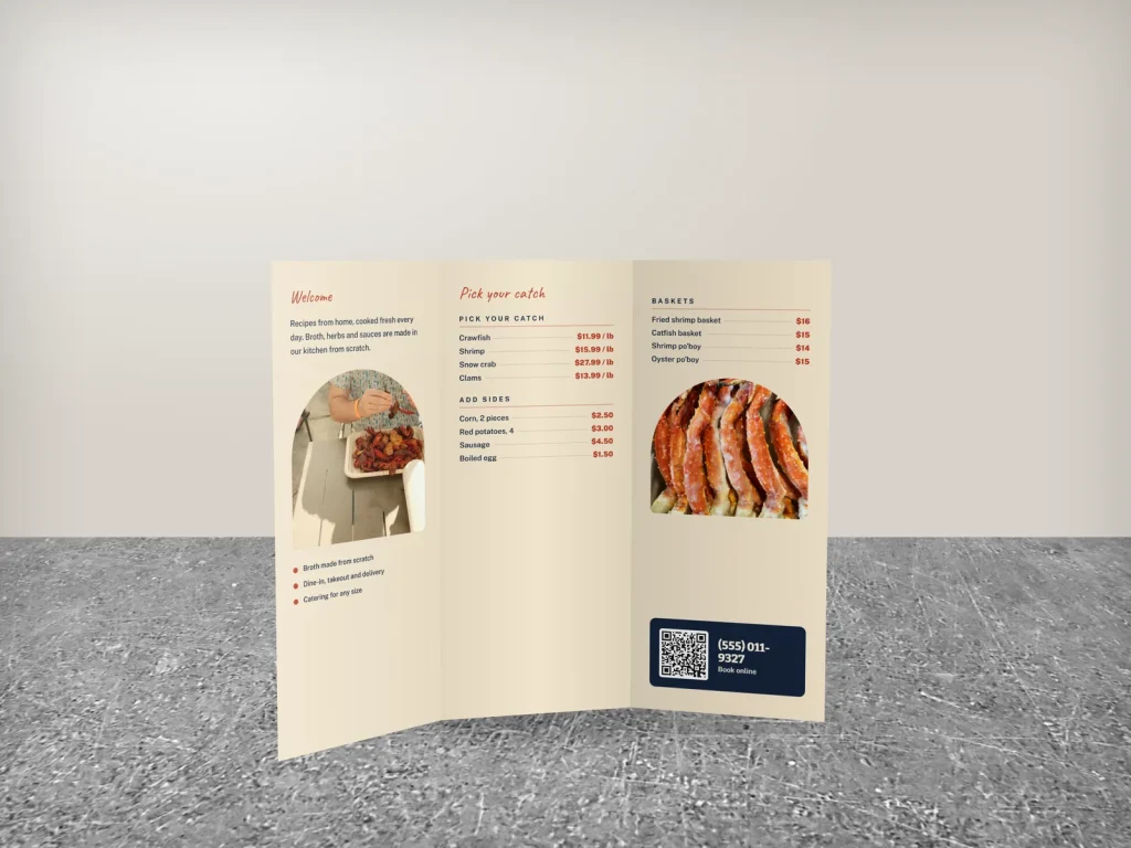 Premium brochure template BR-16 for a restaurant: Bayou Boil, big Cajun red type cover with a seafood boil photo