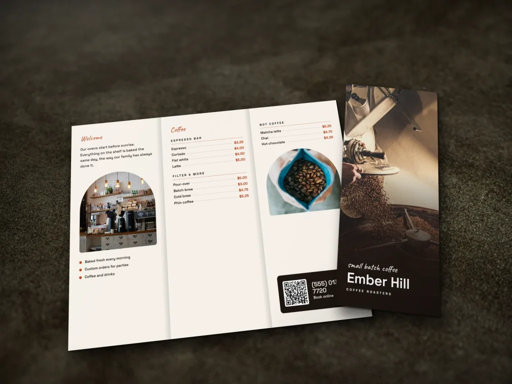 Premium brochure template BR-17 for a bakery or café: Ember Hill, roaster at work under a lamp cover