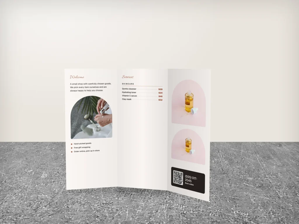 Premium brochure template BR-18 for a shop: Dew & Clay, big clay type cover with amber bottles