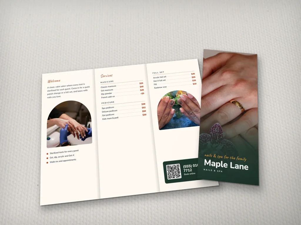 Premium brochure template BR-19 for a nail salon: Maple Lane, pink ombre nails with orchids cover