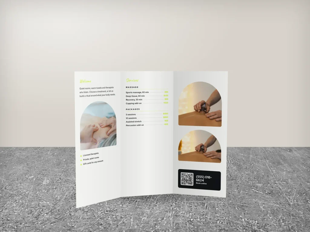 Premium brochure template BR-20 for a spa: Kinetic, lime big type cover with an assisted stretch photo