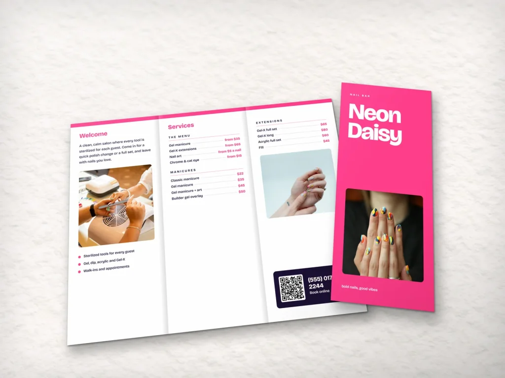 Tri-fold brochure template BT-01 for a nail salon: Neon Daisy, big type cover on colour, white inside